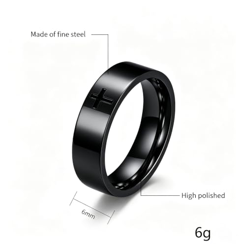 Men's Cross Ring Black/Silver Christian Wedding Band Stainless Steel - color: 6mm,black