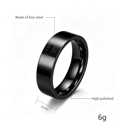 Men's Cross Ring Black/Silver Christian Wedding Band Stainless Steel - color: 6mm,black
