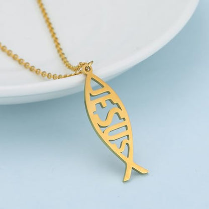 Ichthus Necklace for Women Christian Jesus Fish Necklace Christ Fish Cross Ichthys Pendant Necklace Ichthus Fish Religious Symbol Pendant Christian Jewelry Gift - color: Jesus Fish gold