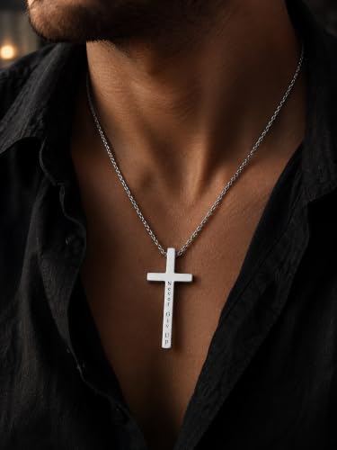 Engraved Cross Necklace for Men, Women & Boys & Girls Cross Necklace, Stainless Steel Cross Pendant Necklace, Faith & Inspiration Christian Jewelry Gift - color: Never Give Up