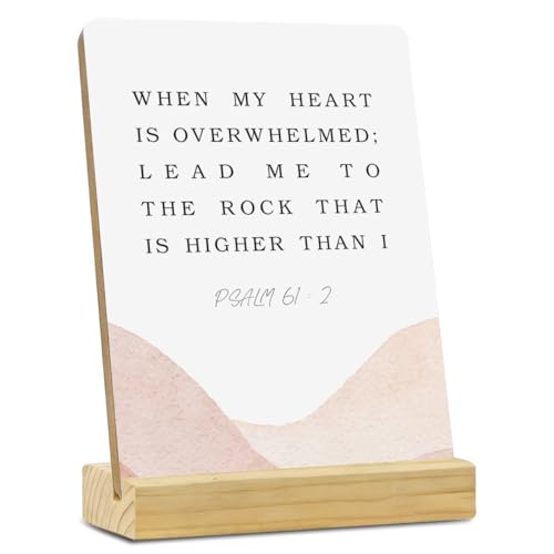 When My Heart Bible Verse Desk Decor Rustic Plaque with Wood Stand, Psalm 61:2 ScripturesDecor, Watercolour Christian Wood Sign for Home Shelf Decor - color: Multicolor489