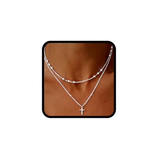 Sterling Silver Plated Cross Necklace 14K Gold Layered Beads Necklace Chain Waterproof Trendy Jewelry for Women - color: Silver