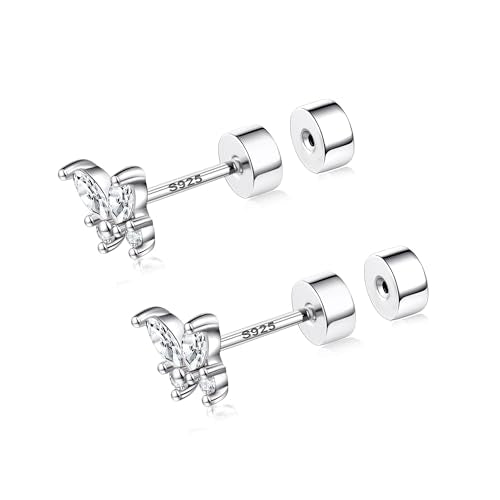 CEROUNO Flat Back Stud Earrings - 925 Sterling Silver Post Flatback Earrings Gold Silver Cubic Zirconia Earrings Studs for Women - color: Silver Butterfly
