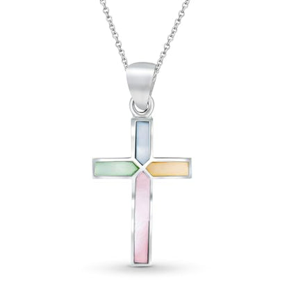 AeraVida Iridescent Cross of Faith Stone and Shell .925 Sterling Silver Necklace, 18 inch