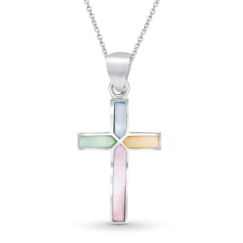 AeraVida Iridescent Cross of Faith Stone and Shell .925 Sterling Silver Necklace, 18 inch