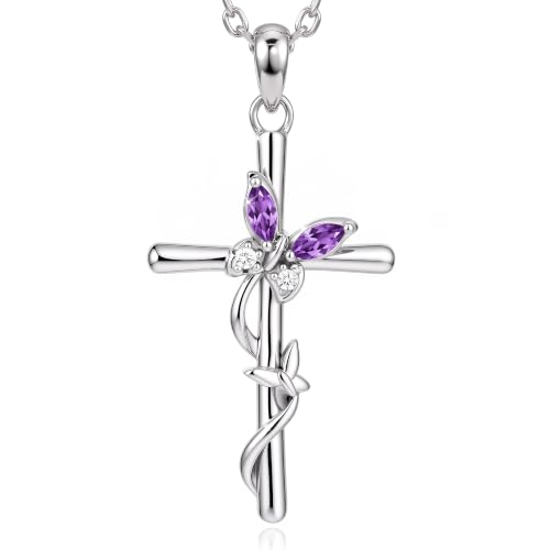 Distance Cross Necklace for Women 925 Sterling Silver Jewelry Pendant Necklace for Mom Wife Gift for Mother's Day or Birthday - style: 02-Amethyst