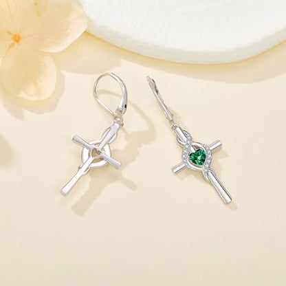 ONEFINITY Cross Earrings for Women 925 Sterling Silver Cross Birthstone Dangle Drop Earrings Infinity Cross Religious Jewelry Gifts for Women - color: 05-May-Created Emerald