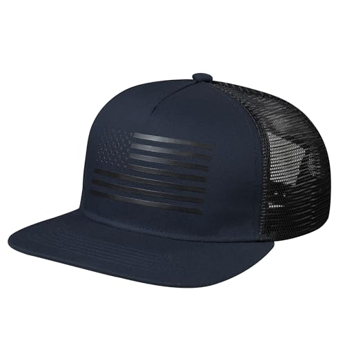 UALON Baseball Cap, Snapback Trucker Hat for Men & Women with American Flag and Adjustable, Breathable Mesh, Flat Bill Hats - color: Navy/Black