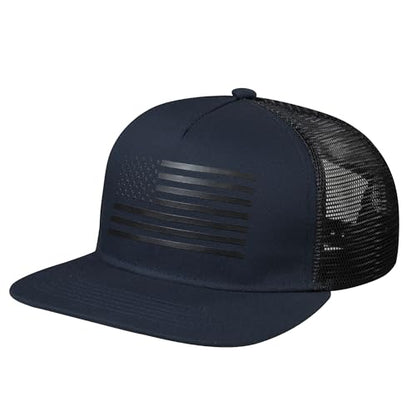 UALON Baseball Cap, Snapback Trucker Hat for Men & Women with American Flag and Adjustable, Breathable Mesh, Flat Bill Hats - color: Navy/Black