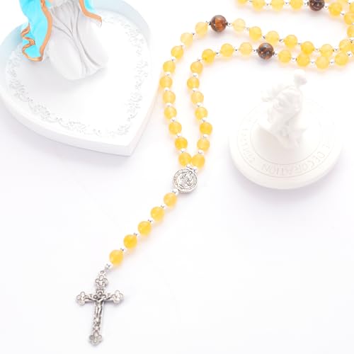 Rosary for Men Women, Natural Stone Beads with St. Benedict Bracelet - color: Yellow