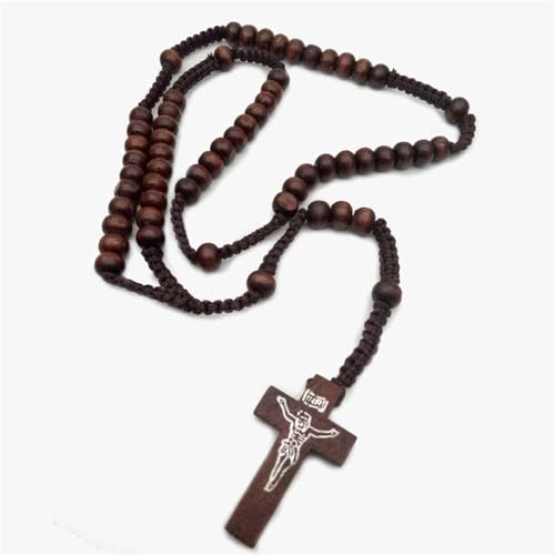 Natural Wood Beaded Cross Rosary Necklace Boho Handmade 8MM Wooden Beads with Jesus Cross Lightweight Rope Necklace for Men Women Religious Christian Prayer Fashion Jewelry Gifts - color: Brown