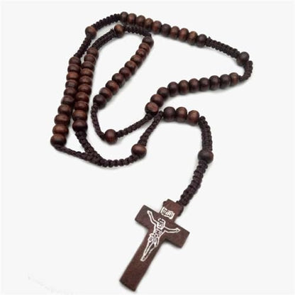 Natural Wood Beaded Cross Rosary Necklace Boho Handmade 8MM Wooden Beads with Jesus Cross Lightweight Rope Necklace for Men Women Religious Christian Prayer Fashion Jewelry Gifts - color: Brown