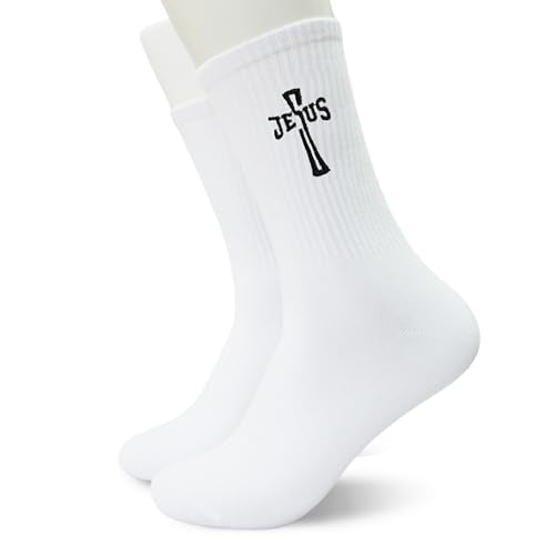Christian Embroidered Crew Socks, Jesus Faith Religious Socks for Women and Men, Cross Scripture Novelty Gift Socks - color: Esus Cross Letter White