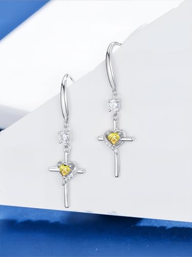 Seiyang Cross Birthstone Earring 925 Sterling Silver Cross Dangle Drop Earrings with 12 Months Birthstone Birthday Jewelry Gifts for Women Mom Her - color: 11-November, size: Style A