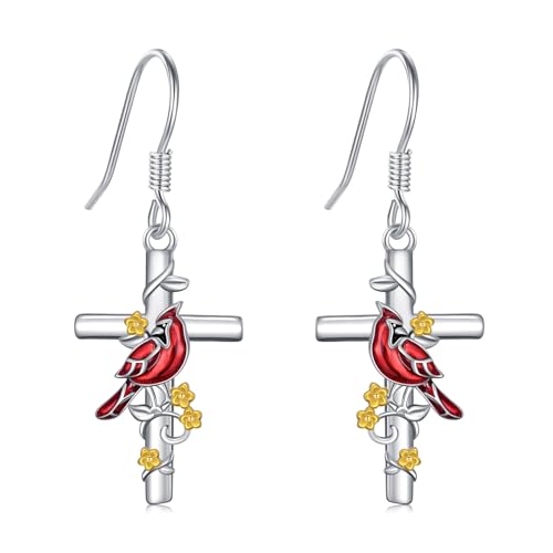 Cardinal/Hummingbird/Parrot Earrings for Women 925 Sterling Silver Bird Dangle Drop Leverback Earrings Hypoallergenic Cardinal Jewelry Christmas Birthday Gifts - style: Cardinal Cross