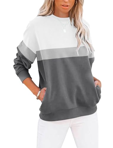 TICTICMIMI Women's Casual Crewneck Sweatshirts Cute Loose Fit with Pockets - color: A- White Charcoal, size: Small