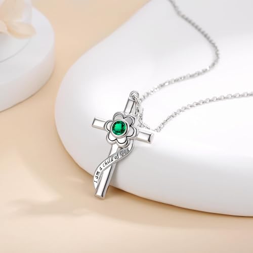 I am a Child of God Necklace - 925 Sterling Silver Birthstone Flower Cross Pendant Religious Jewelry Baptism First Communion Confirmation Gifts for Girls - style: May