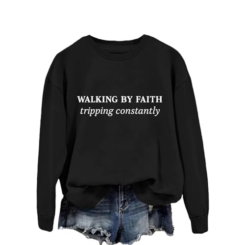 Christian Sweatshirts for Women Religious Faith Graphic Crewneck Pullover Shirts Casual Long Sleeve Inspirational Tops - color: Black, size: Large