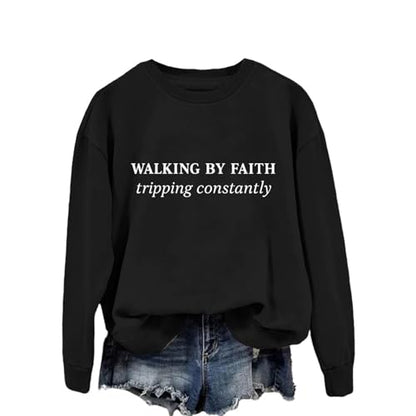 Christian Sweatshirts for Women Religious Faith Graphic Crewneck Pullover Shirts Casual Long Sleeve Inspirational Tops - color: Black, size: Medium