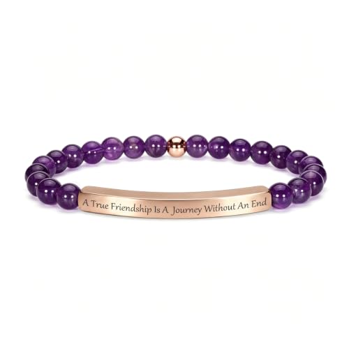 Amethyst Christian Bracelet for Women, 18K Gold Plated Bible Verse Jewelry, Inspirational Religious Faith Gift, Scripture Jewelry for Encouragement & Strength - color: A true friendship is a journey without an end-Amethyst Rose Gold