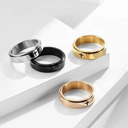 COLORFUL BLING Titanium Stainless Steel Cross Anxiety Spinner Ring Rotating Fidget Ring Stress Relieving Wedding for Him Her Couple Promise Lover Jewelry - color: Silver A