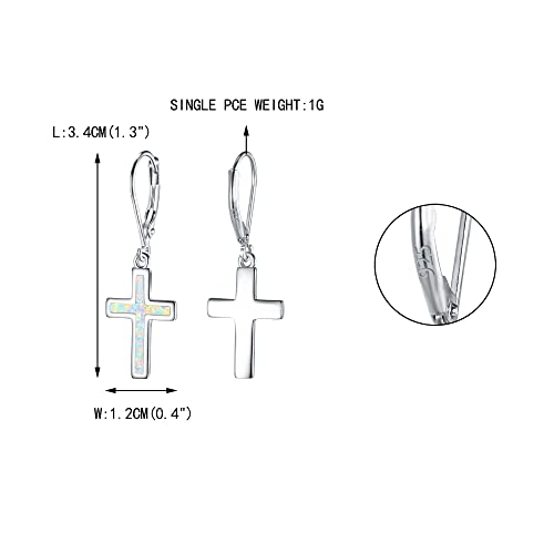 EVER FAITH 925 Sterling Silver Cross Earrings Created Opal Dangle Leverback Earring Minimalist Church Jewelry - color: White