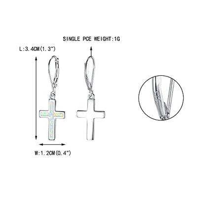 EVER FAITH 925 Sterling Silver Cross Earrings Created Opal Dangle Leverback Earring Minimalist Church Jewelry - color: White