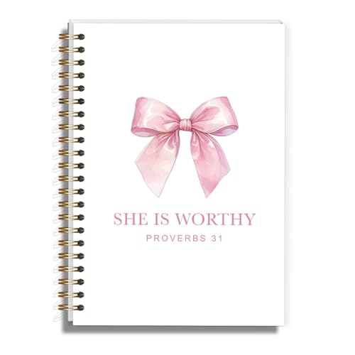 Pink Bow Notebook for Woman, Christain Journal Gifts for Teen Girls, Cute Preppy Pink Bow Spiral Notebook for Bible Note Taking - 5.5×8.3 - A05 - style: Christian She is Worthy