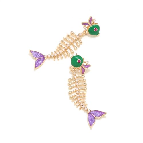 Fish Bone Earrings Drip Oil Animal Earrings Colorful Crystal Sparkly Enamel Earrings Creative Long Fishbone Earstud Dangle Fish Drop Earrings Jewelry for Women - color: Purple