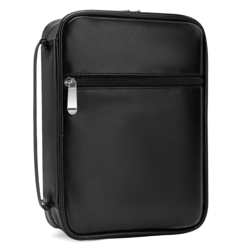 Large Bible Cover Case for Women and Men, 10x7 PU Leather Bible Sleeve, Compact Travel Bible Carrier Bag with Front Pen Holders, Zipper Closure, Inner Pockets - Black - color: Black, size: 10.12''x7''x1.8''