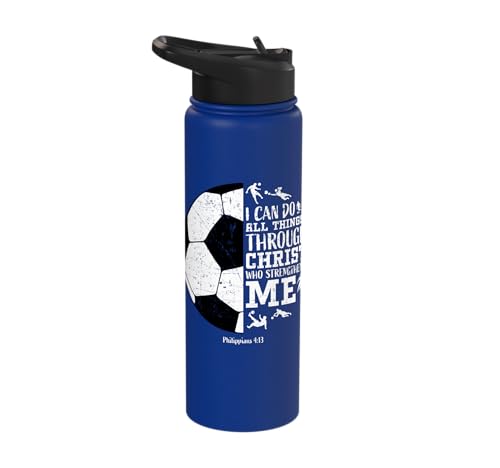 Christian Soccer Faith Graphic Bible Verse Philippians 4:13 Stainless Steel Insulated Water Bottle - color: Royal Blue