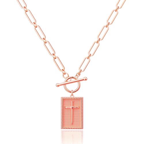 Robaice 14K Gold Plated Toggle Cross Necklace for Women - color: A Rose Gold Cross Necklace