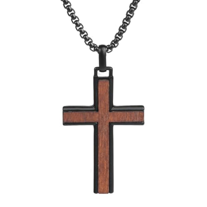 Wooden Cross Necklace for Men, Black Crucifix Pendant