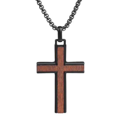 Wooden Cross Necklace for Men, Black Crucifix Pendant