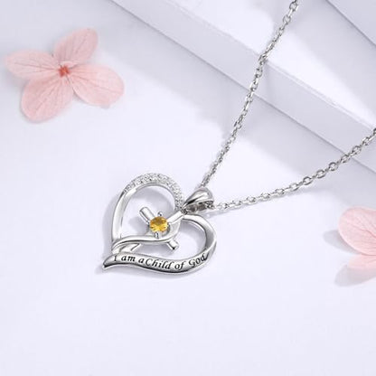 925 Sterling Silver I Am a Child of God Scripture Pendant with Birthstone Heart Cross Communion Necklace for Women Christian Faith Jewelry Gift - color: November