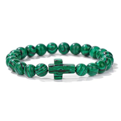 8mm Gemstone Cross Bracelet for Women Men – Stretch Beaded Faith Bracelet with Sideways Cross (Multiple Colors) - style: Malachite