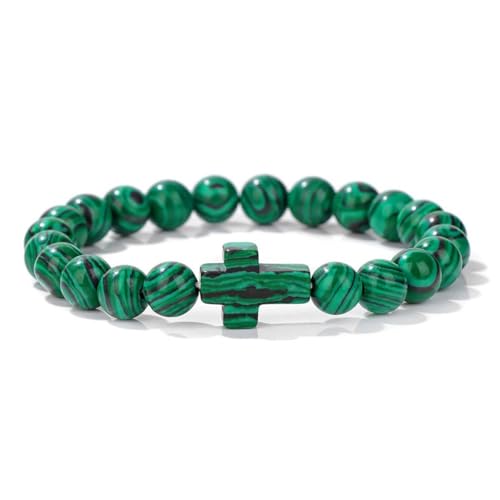 8mm Gemstone Cross Bracelet for Women Men – Stretch Beaded Faith Bracelet with Sideways Cross (Multiple Colors) - style: Malachite