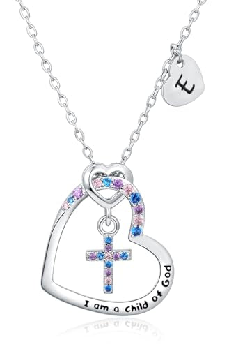 Cross Necklace for Girls | I am a child of God Necklace for Girls | Heart Letter initial | 18K White Gold Plated Pendant Jewelry First Communion Baptism Gifts Christmas Birthday Gifts for Girl Women - color: E