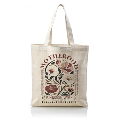 Motherhood Is Kingdom Work Christian Tote Bag, Proverbs 31:25-27 Bible Verse Floral Canvas Bag, Inspirational Mom Gift Totes, Reusable Shopping Book Bags for Women