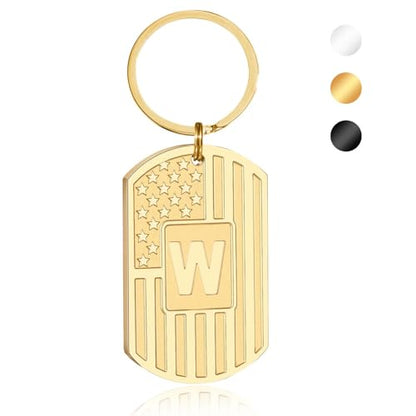 Initial Keychain for Men, A-Z Letter American Flag KeyChain Gifts for Men - color: Gold W