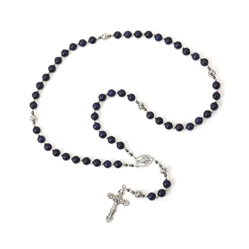Nazareth Store Genuine Rosary Stone Beads Necklace Metal Beaded Glory Beads Miraculous Medal & Silver Cross Crucifix For Men and Womens - color: Blue Lapis Lazuli