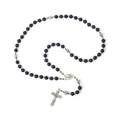 Nazareth Store Genuine Rosary Stone Beads Necklace Metal Beaded Glory Beads Miraculous Medal & Silver Cross Crucifix For Men and Womens - color: Blue Lapis Lazuli