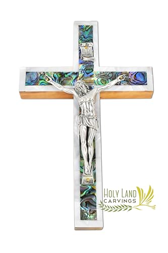6 Inch Mother of Pearl Wall Crucifix Cross, Olive Wood Cross for Wall Covered with Mother of Pearl Made in the Holy Land
