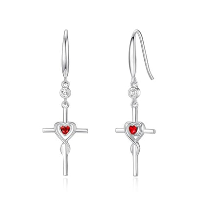 FANCIME Gift for Women Cross Dangle Drop Earrings 925 Sterling Silver Heart Birthstone Earring Fine Jewelry Birthday Gifts for Her Women - color: 01-Garnet