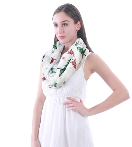 Lina & Lily Holiday Christmas Pattern Print Women's Infinity Scarf Lightweight - color: White Green Red, Xmas Tree