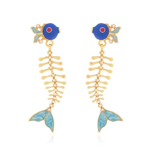 Fish Bone Earrings Drip Oil Animal Earrings Colorful Crystal Sparkly Enamel Earrings Creative Long Fishbone Earstud Dangle Fish Drop Earrings Jewelry for Women - color: Bule-1