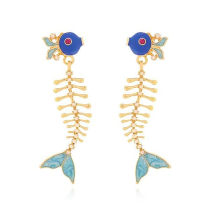 Fish Bone Earrings Drip Oil Animal Earrings Colorful Crystal Sparkly Enamel Earrings Creative Long Fishbone Earstud Dangle Fish Drop Earrings Jewelry for Women - color: Bule-1