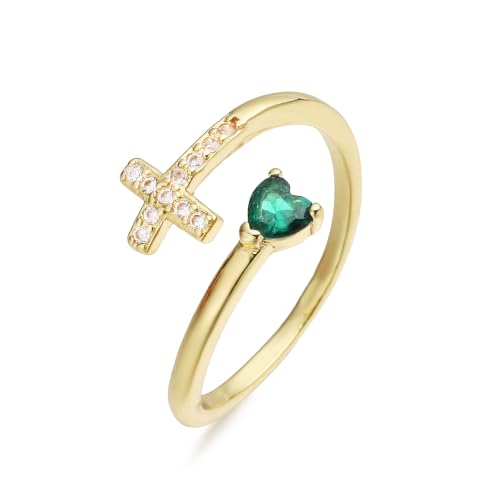 14K Gold Plated CZ Cross Heart Ring Eternity Promise Jewelry for Her - style: Green Stone