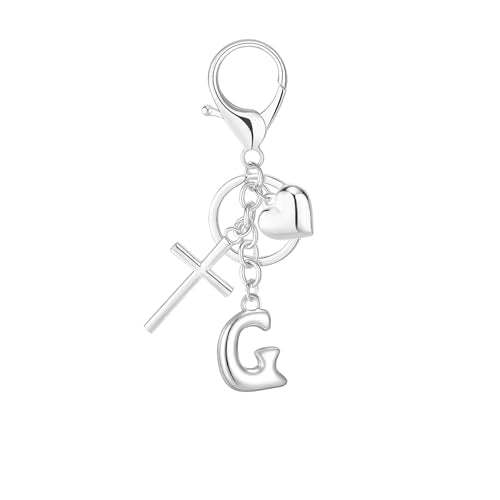 Initial Bag Charms Keychains Women, Cross Cute Heart Letter Key Chain Purse Backpack Handbags Keychain Christian Gift - color: Silver G