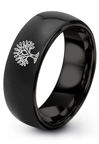 Gift for Spiritual Person - Tree Of Life Ring - Anniversary Wedding - Silver Yellow Rose Gold Gunmetal - Flat Dome Bevel - Personalized Custom Engraving - Band - Brushed Polished - 8mm - Men Women - T - color: 01 - Black Tungsten